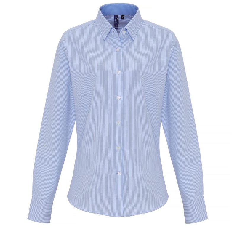 Premier Womens/ladies Cotton Rich Oxford Stripe Blouse (white/light Blue)