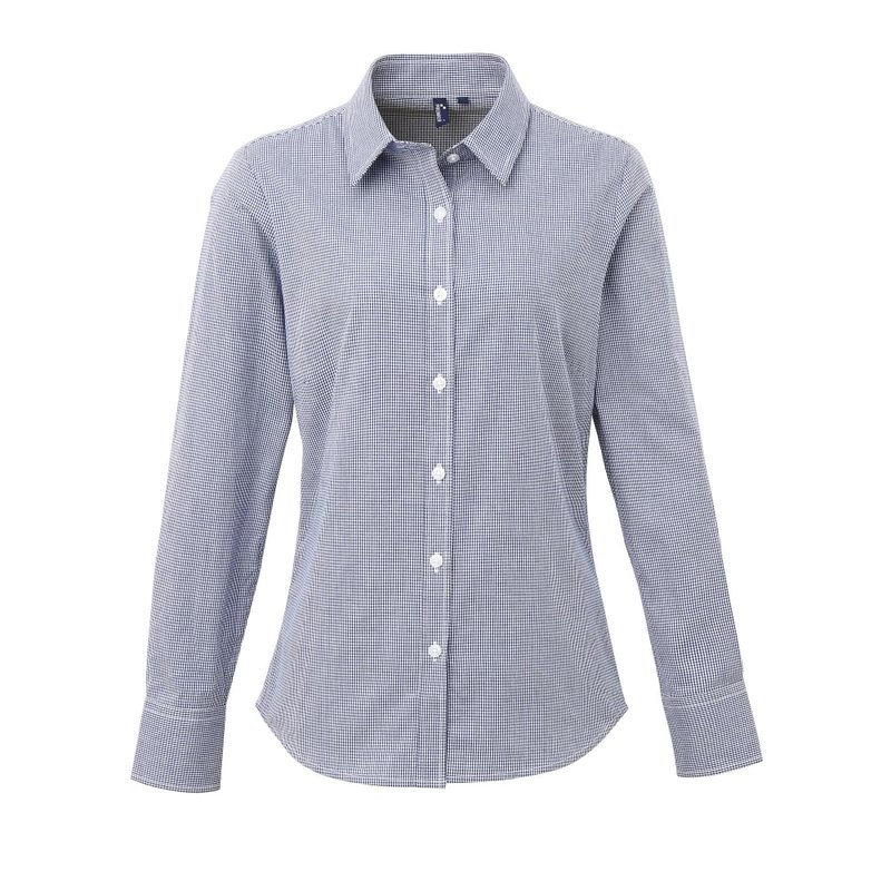 Premier Womens/ladies Microcheck Long Sleeve Shirt (navy/white) In Blue