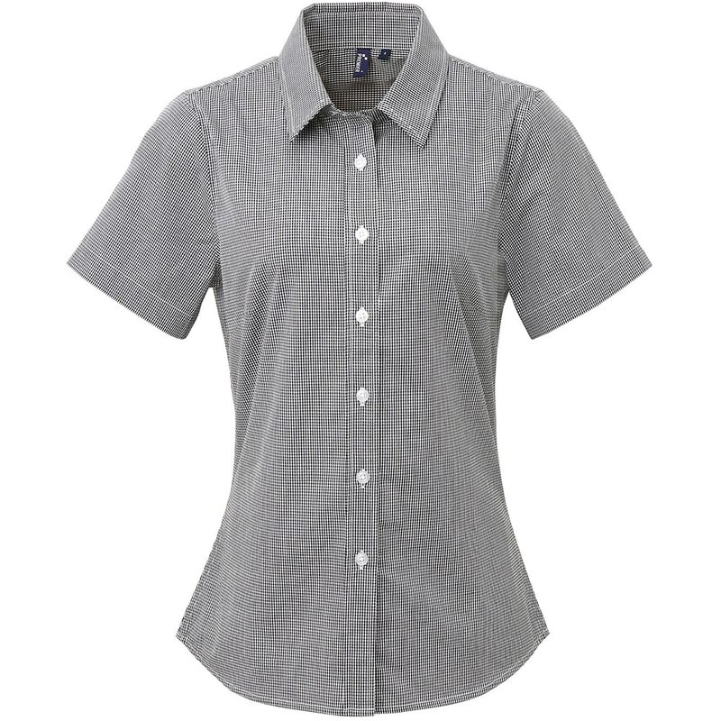 Premier Womens/ladies Microcheck Short Sleeve Cotton Shirt (black/white)