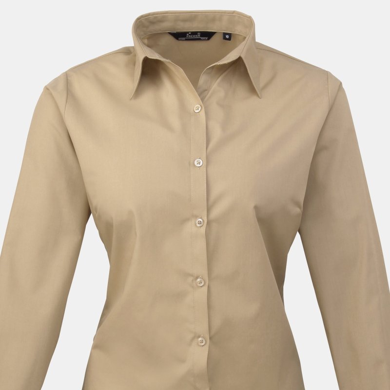Premier Womens/ladies Poplin Long Sleeve Blouse / Plain Work Shirt (khaki) In Brown