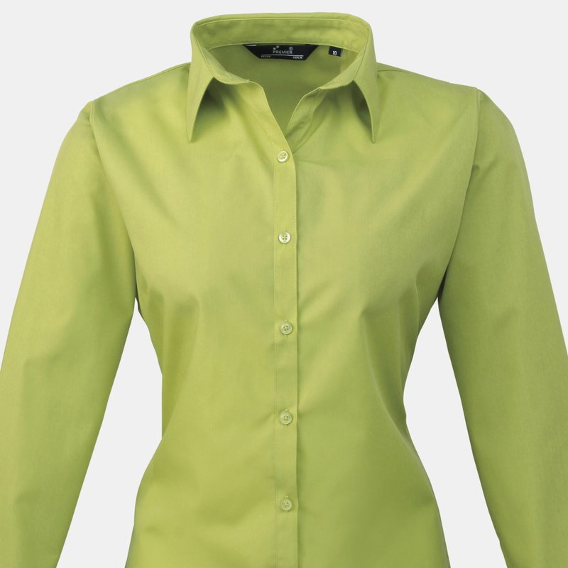 Premier Womens/ladies Poplin Long Sleeve Blouse / Plain Work Shirt (lime) In Green