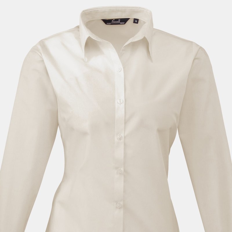 Premier Womens/ladies Poplin Long Sleeve Blouse / Plain Work Shirt (natural) In Brown