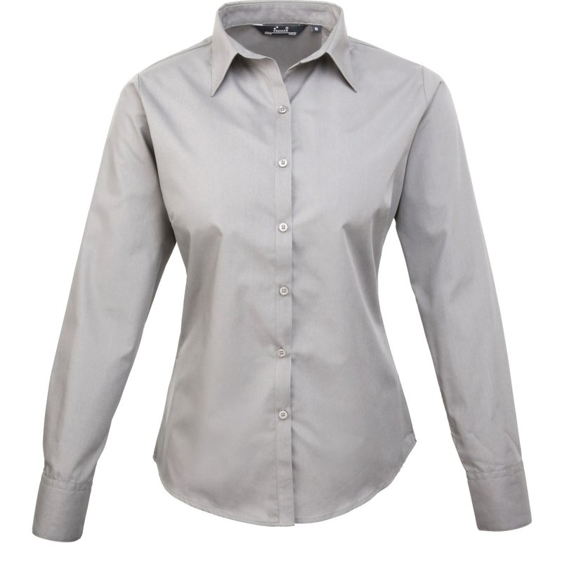 Premier Womens/ladies Poplin Long Sleeve Blouse / Plain Work Shirt (silver) In Grey