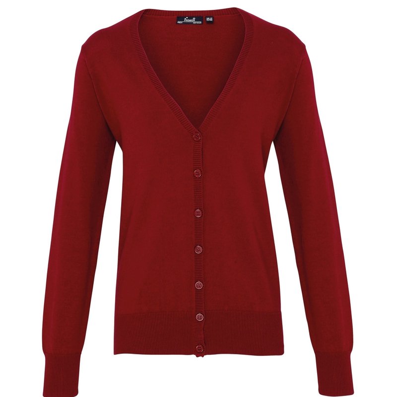 Premier Womens/ladies Button Through Long Sleeve V-neck Knitted Cardigan In Red