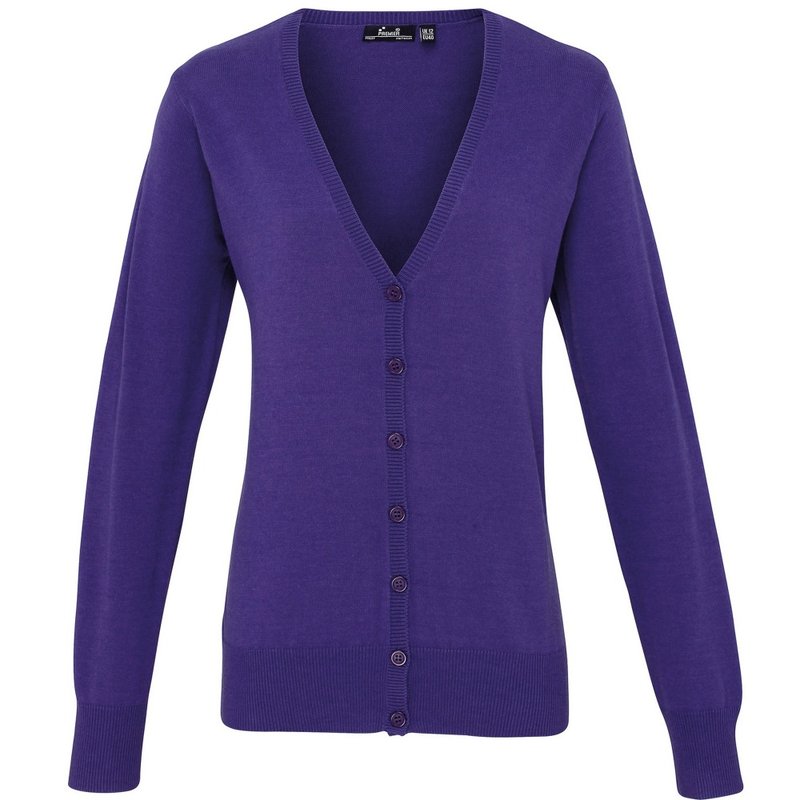 Premier Womens/ladies Button Through Long Sleeve V-neck Knitted Cardigan In Purple