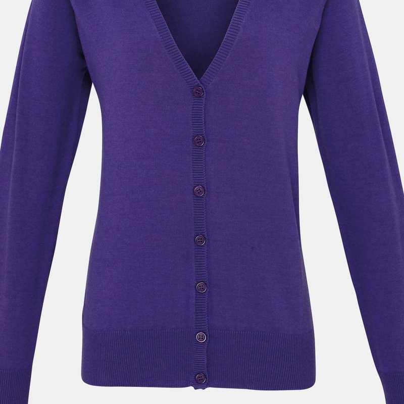 Premier Womens/ladies Button Through Long Sleeve V-neck Knitted Cardigan In Purple