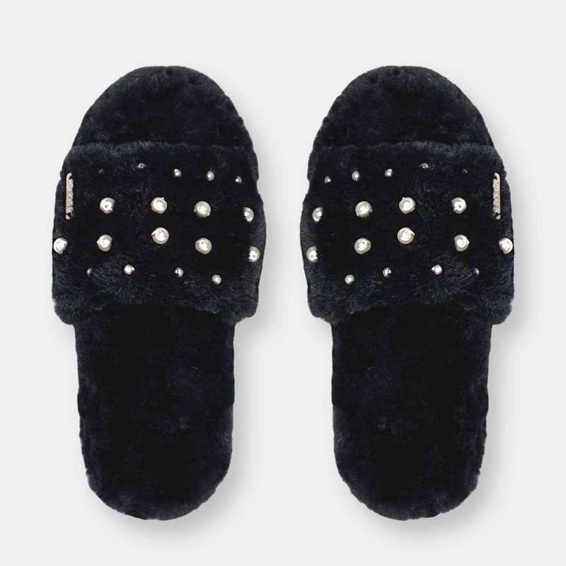 Pudus Faux Fur Pearl Slide Slippers | Black