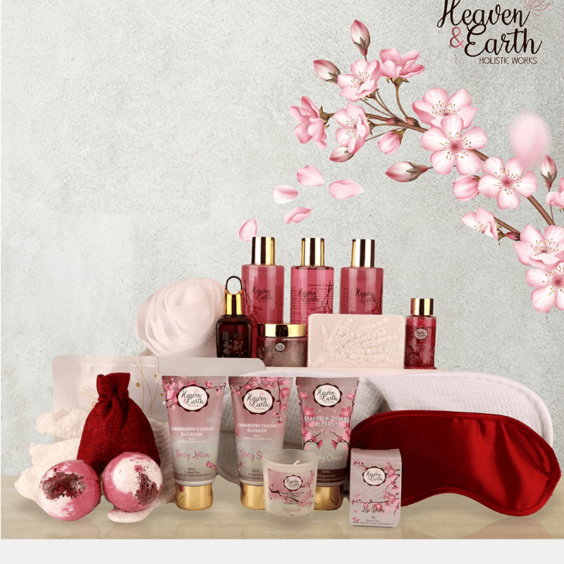 Pure Parker Cranberry & Cherry Blossom Spa Gift Basket For Women. Luxurious Holiday Bath Gift Set