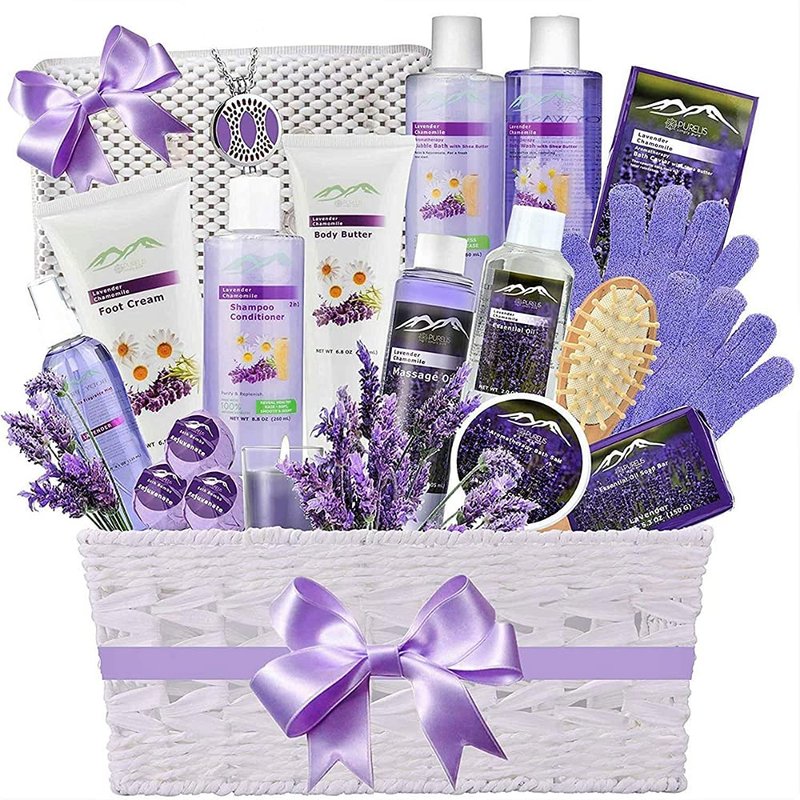 Pure Parker Extra Large Lavender & Chamomile Bath Gift Basket. Premium Pampering Home Spa Kit With Bath Pillow A