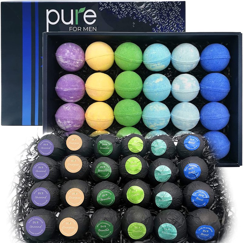 Pure Parker Men's Bath Bombs Gift Set. 24 Therapeutic Shea Bath Bombs With Moisturizing & Essential Oils. 6-scen