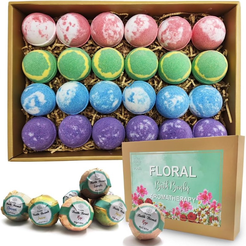 Purelis Floral Essential Oil Bath Bombs For Women. 24 Moisturizing Bath Bombs Gift Set In White