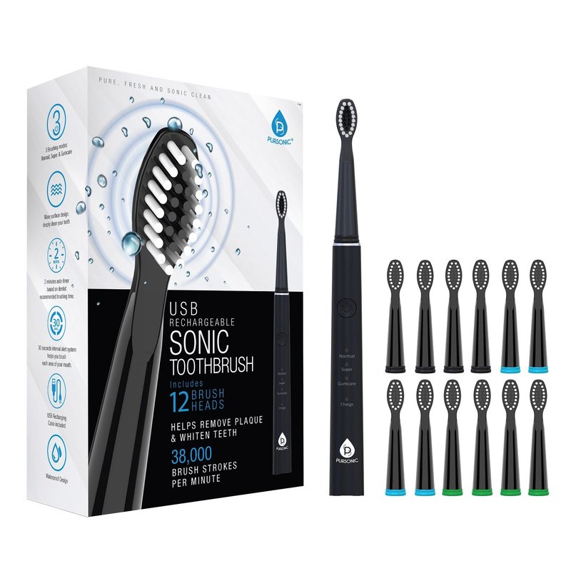 Pursonic Usb Rechargeable Sonic Toothbrush With 12 Brush Heads In Black