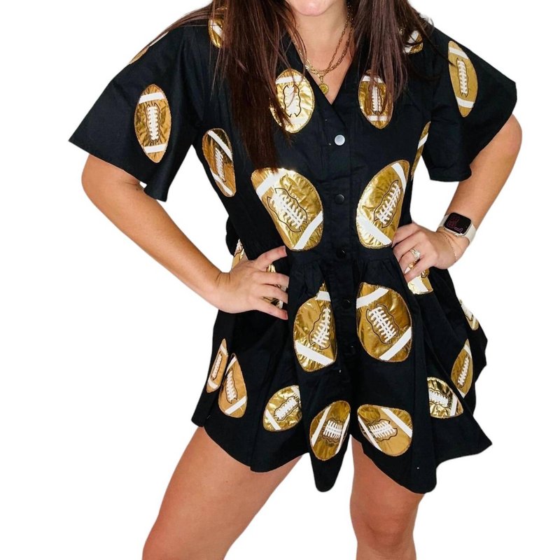 Shop Queen Of Sparkles Football Romper In Black & Gold