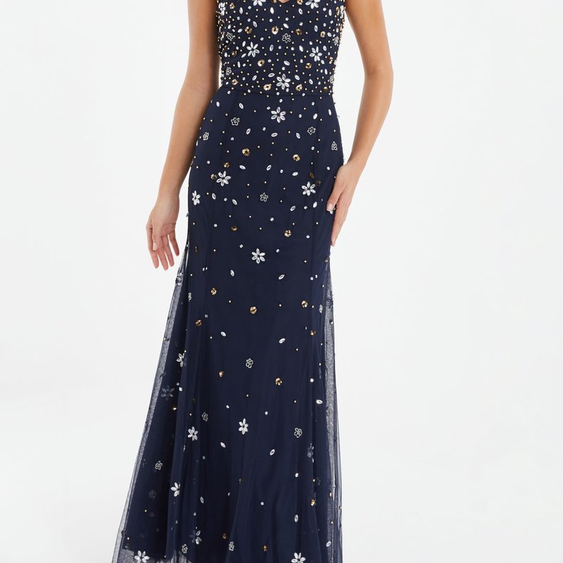 Shop Quiz Beaded 2-in-1 Cape And Evening Dress In Blue