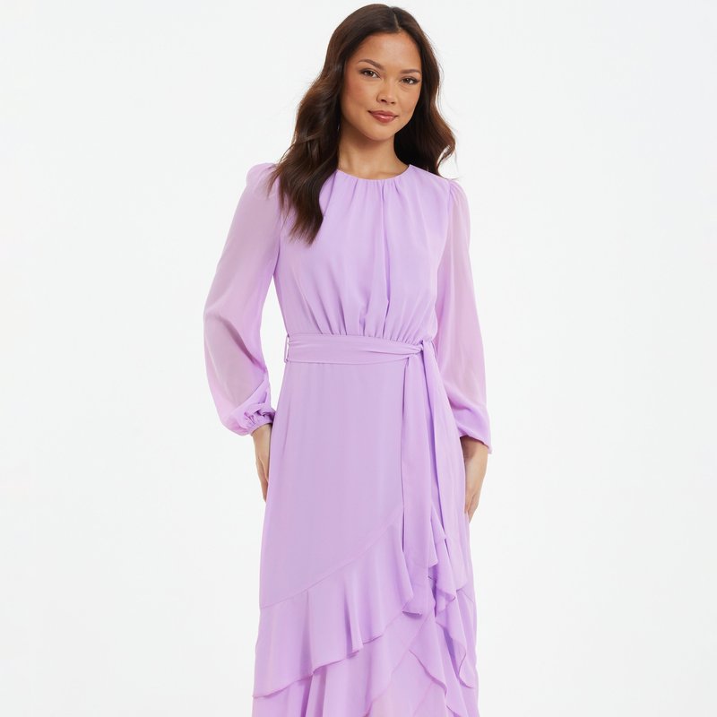 Shop Quiz Chiffon Frill Detail Long Sleeve Midi Dress In Purple