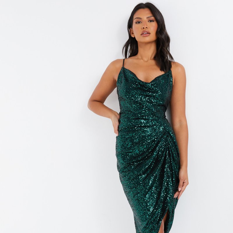 Quiz Women's Cowl Strappy Sequin Ruched Midi Dress In Green