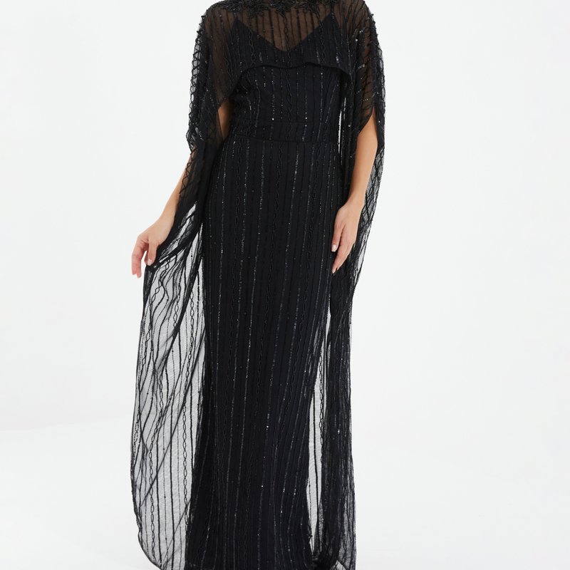 Shop Quiz Embelleshed Mesh Evening Dress With Detachable Cape In Black