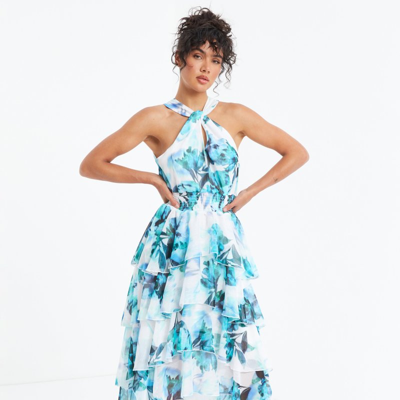 Shop Quiz Floral Chiffon Halterneck Keyhole Tiered Dress In Blue
