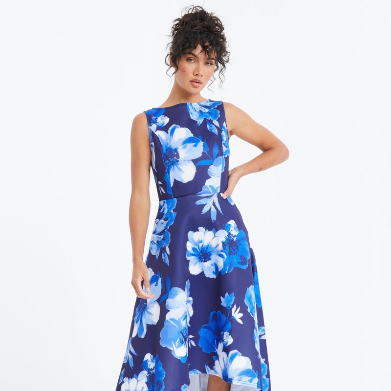 Shop Quiz Floral High Neck Dip Hem Dress In Blue