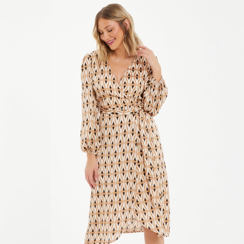 Shop Quiz Geometric Satin Wrap Midi Dress In Brown