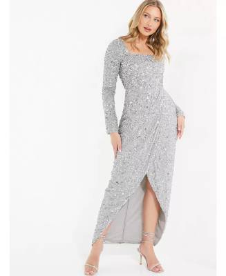Quiz Women's Long Sleeve Sequin Wrap Evening Dress In Grey