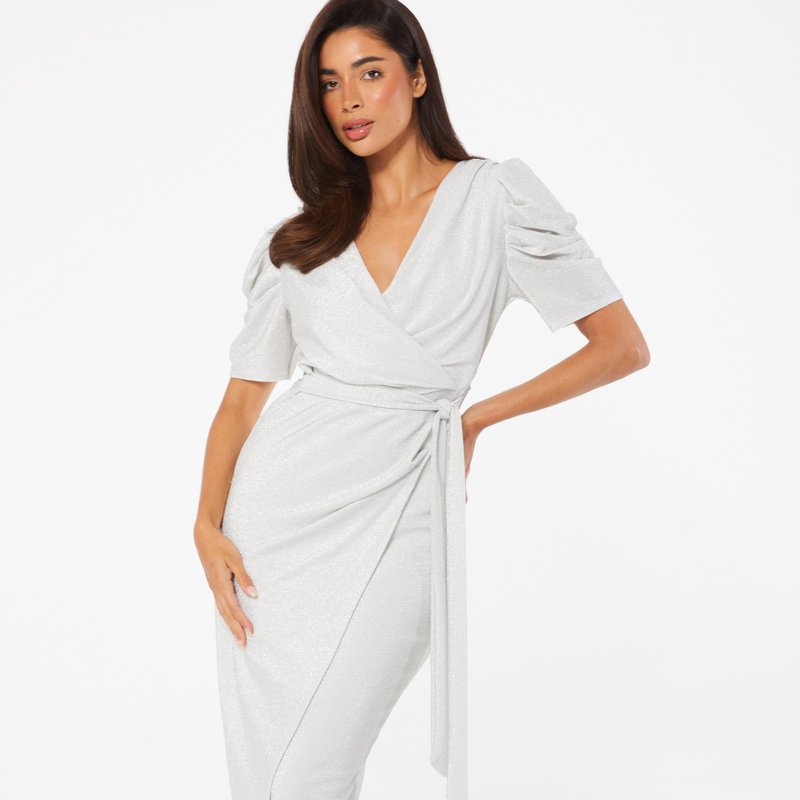 Quiz Women's Lurex Puff Sleeve Wrap Midi Dress In Grey