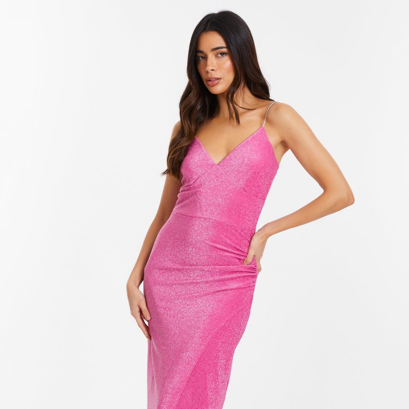 Shop Quiz Lurex Wrap Diamante Strap Maxi Dress In Pink
