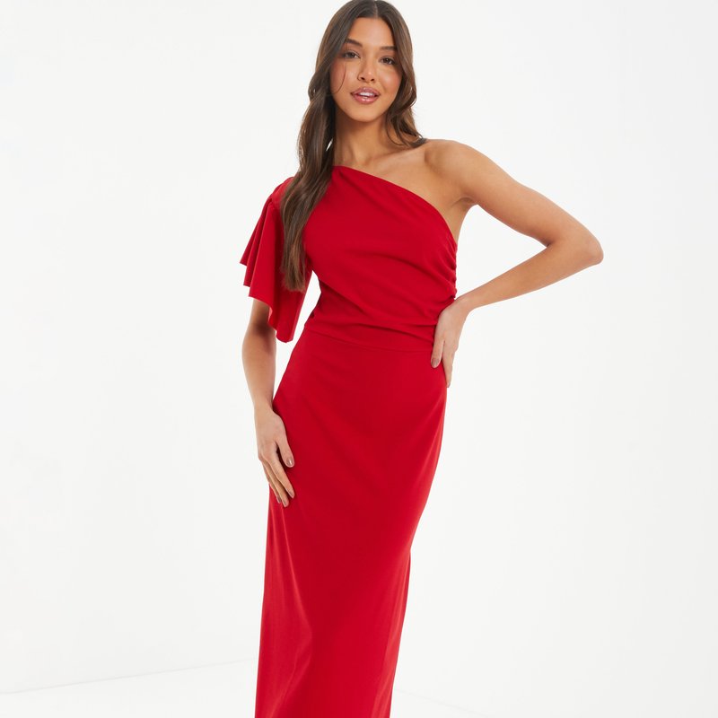 Shop Quiz One-shoulder Frill Sleeve Maxi Dress In Red