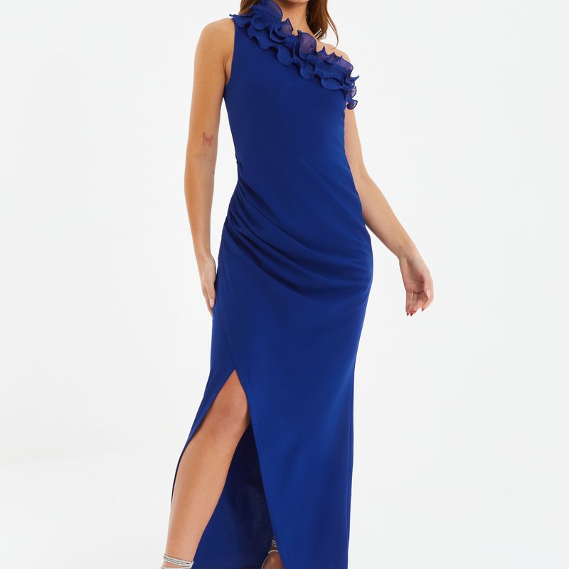 Shop Quiz One Shoulder Wrap Maxi Dress In Blue
