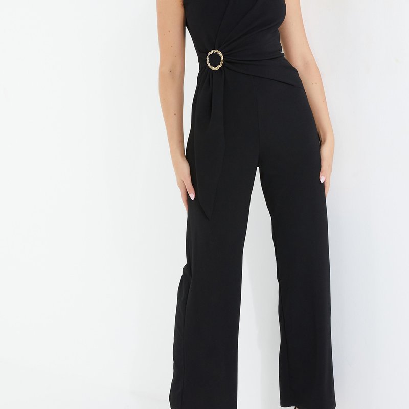 Quiz Palazzo Jumpsuit With Embellished Buckle In Black