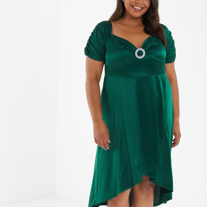 Shop Quiz Plus Size Embellished Broach Bardot Dip Hem Dress In Green