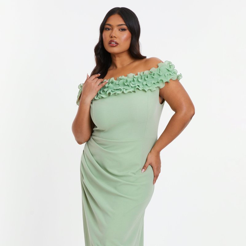 Shop Quiz Plus Size Ruffle Bardot Ruched Maxi Dress In Green