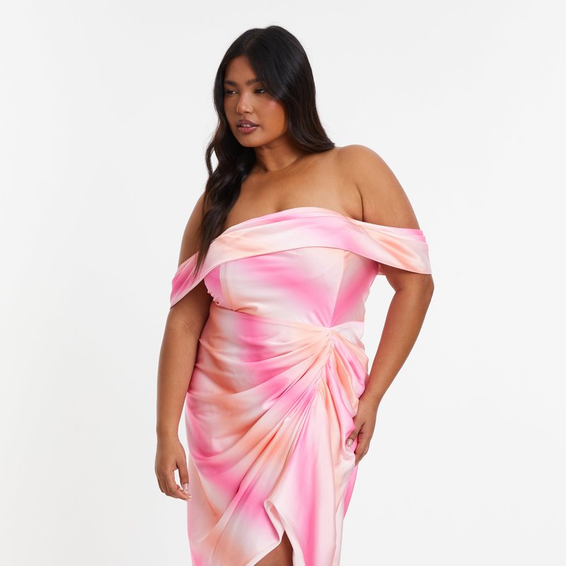Shop Quiz Plus Size Satin Bardot Midi Dress In Pink