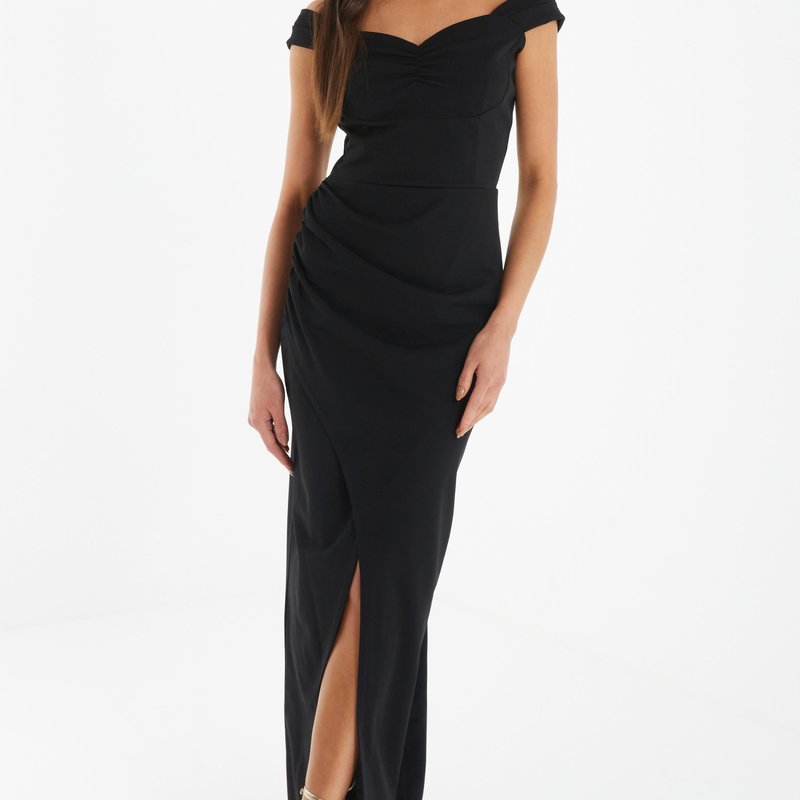 Quiz Ruched Bardot Wrap Maxi Dress In Black