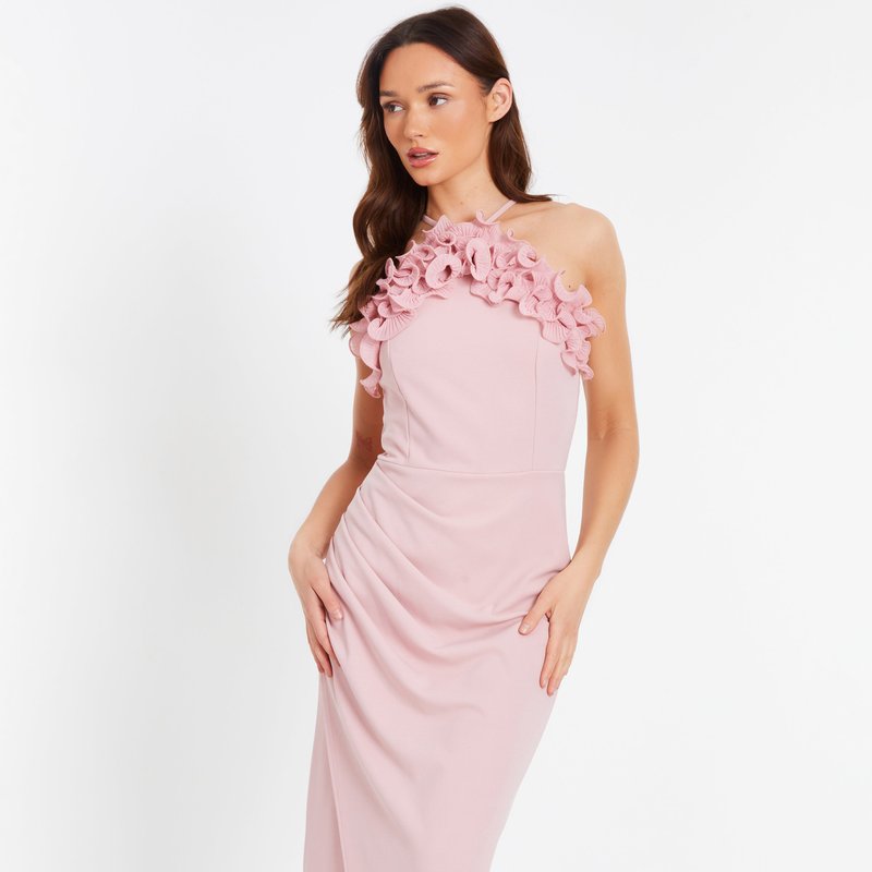Shop Quiz Ruffle Halter Neck Ruched Maxi Dress In Pink