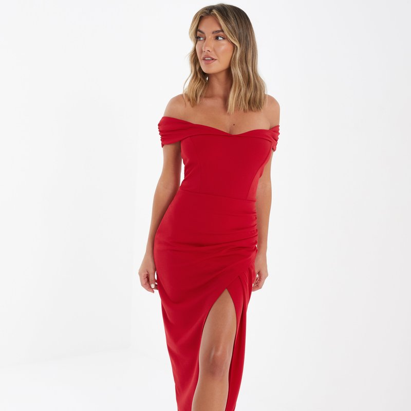 Quiz Scuba Crepe Bardot Maxi Dress In Red