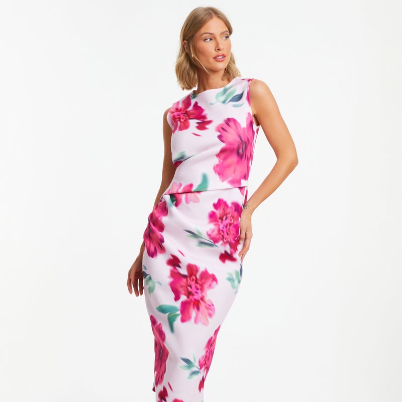 Shop Quiz Scuba Crepe Floral Round Neck Midi Dress In Pink