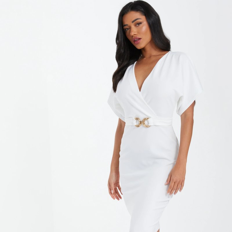 Shop Quiz Scuba Crepe Gold Buckle Wrap Midi Dress In White