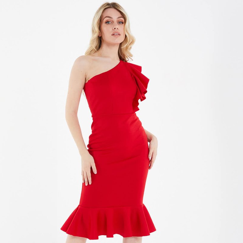 Shop Quiz Scuba Frill One Shoudler Midi Dress In Red