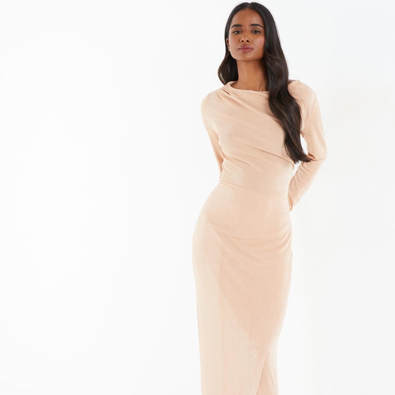 Quiz Women's Stone Slinky Long Sleeve Maxi Dress In Brown