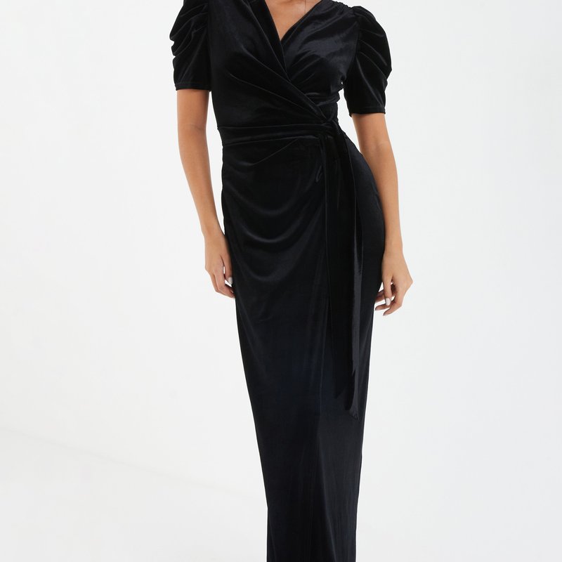 Quiz Women's Velvet Wrap Maxi Dress With Puff Sleeves In Black