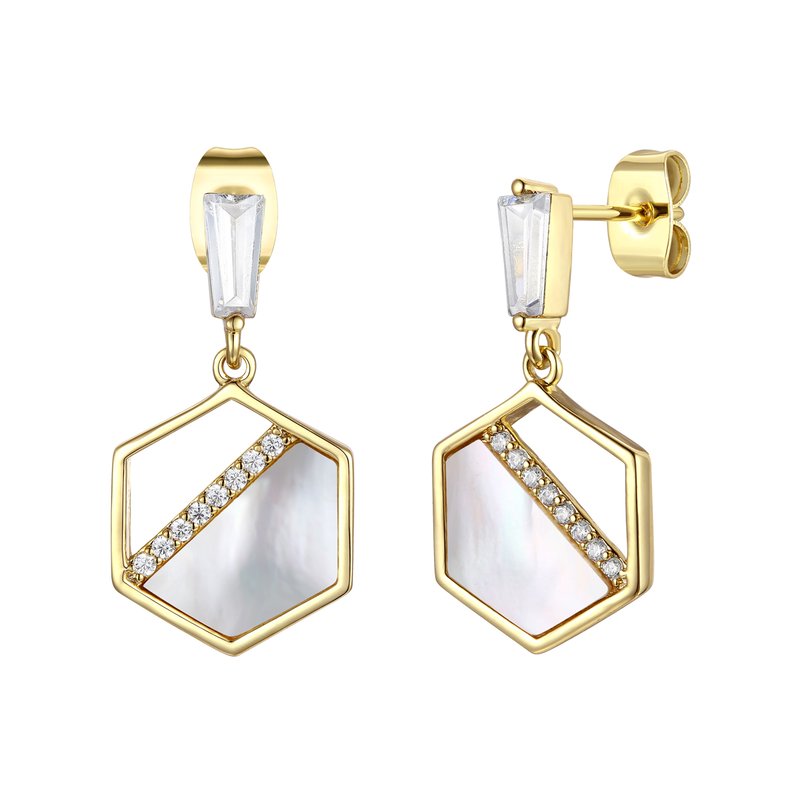 Shop Rachel Glauber 14k Gold Plated With Mother Of Pearl & Diamond Cubic Zirconia Hexagon Dangle Earrings
