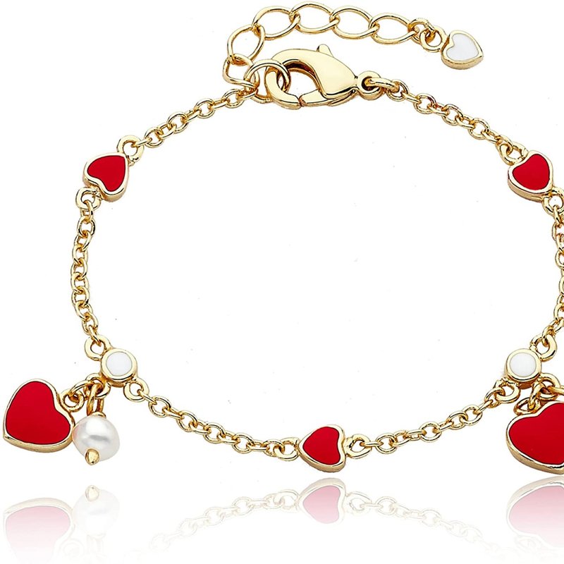 Shop Rachel Glauber 14k Yellow Gold Plated With Red Enamel Heart & Pearl Dangle Charm Bracelet
