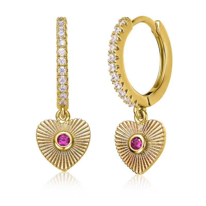 Shop Rachel Glauber 14k Yellow Gold Plated With Ruby & Cubic Zirconia Sunray Heart Dangle Charm Hoop Earrings