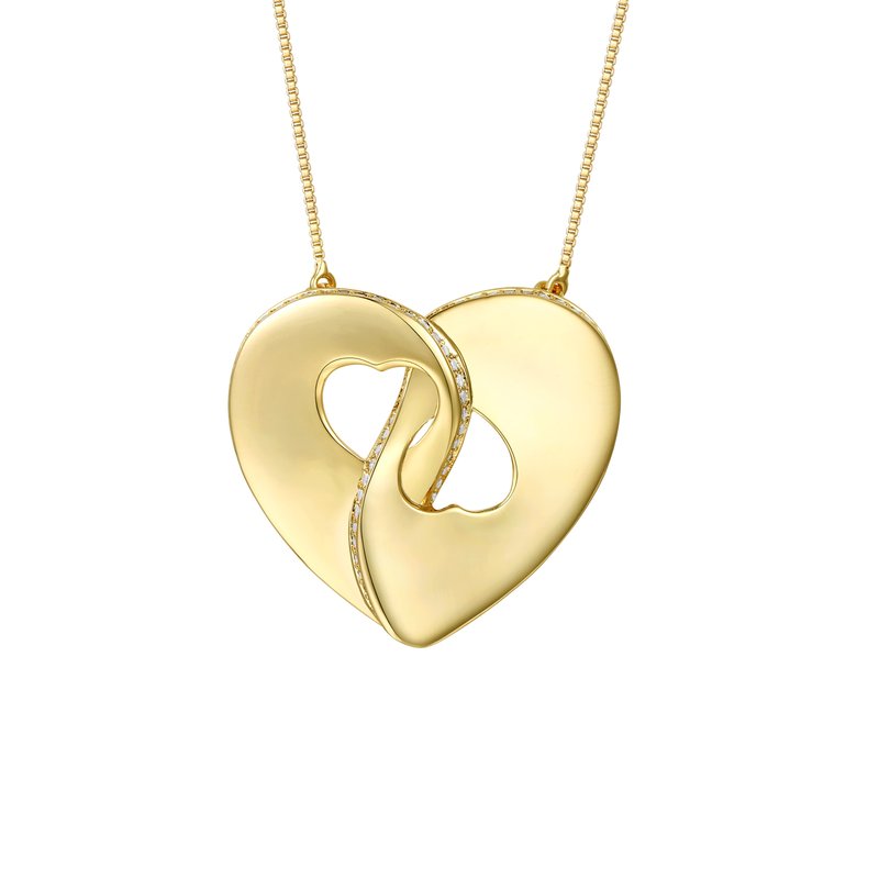 Shop Rachel Glauber Large 14k Gold Plated With Diamond Cubic Zirconia Modern Double Heart Half Cut-out Entwined Necklace