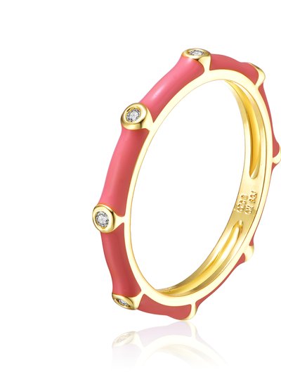 Rachel Glauber Rachel Glauber 14k Gold Plated with Diamond Cubic Zirconia Pink Enamel Bamboo Kids/Young Adult Stacking Ring product
