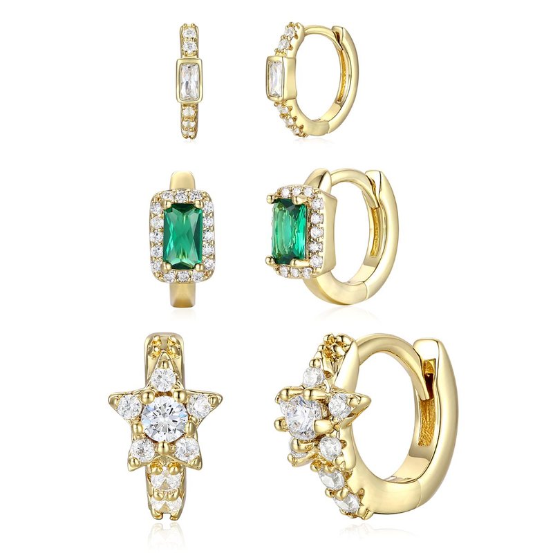 Rachel Glauber 14k Gold Plated With Emerald & Cubic Zirconia Halo Star 3-piece Hoop Earrings Set In Green