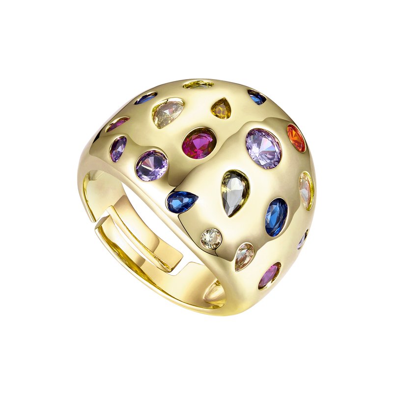 Shop Rachel Glauber 14k Gold Plated With Rainbow Gemstone Cubic Zirconia Diamond Dome Ring In Orange