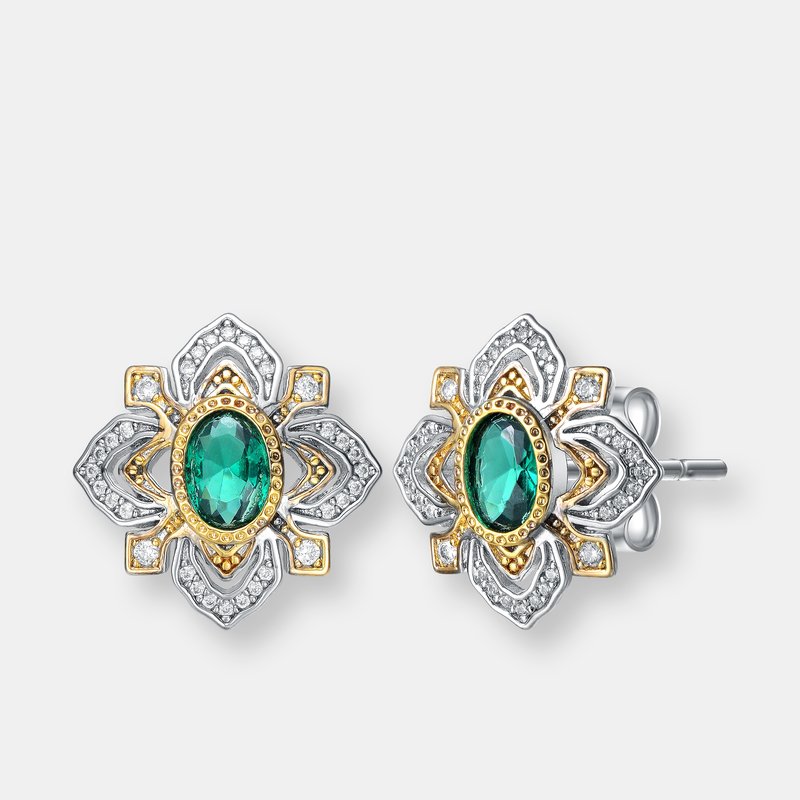 Rachel Glauber Rhodium And 14k Gold Plated Emerald Cubic Zirconia Stud Earrings In Green