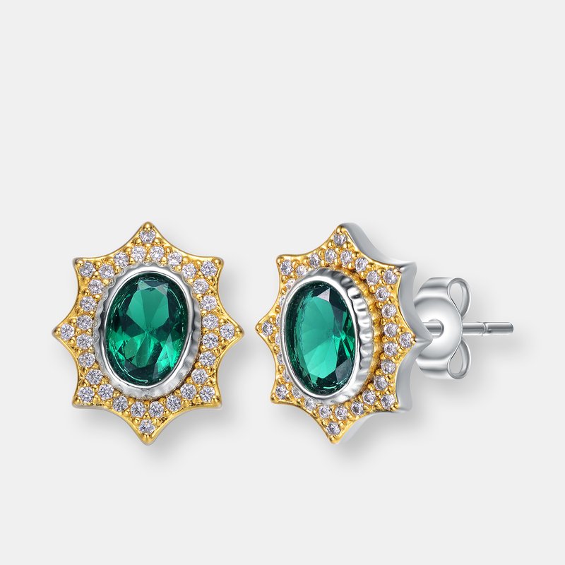 Shop Rachel Glauber Rhodium And 14k Gold Plated Emerald Cubic Zirconia Stud Earrings In Green
